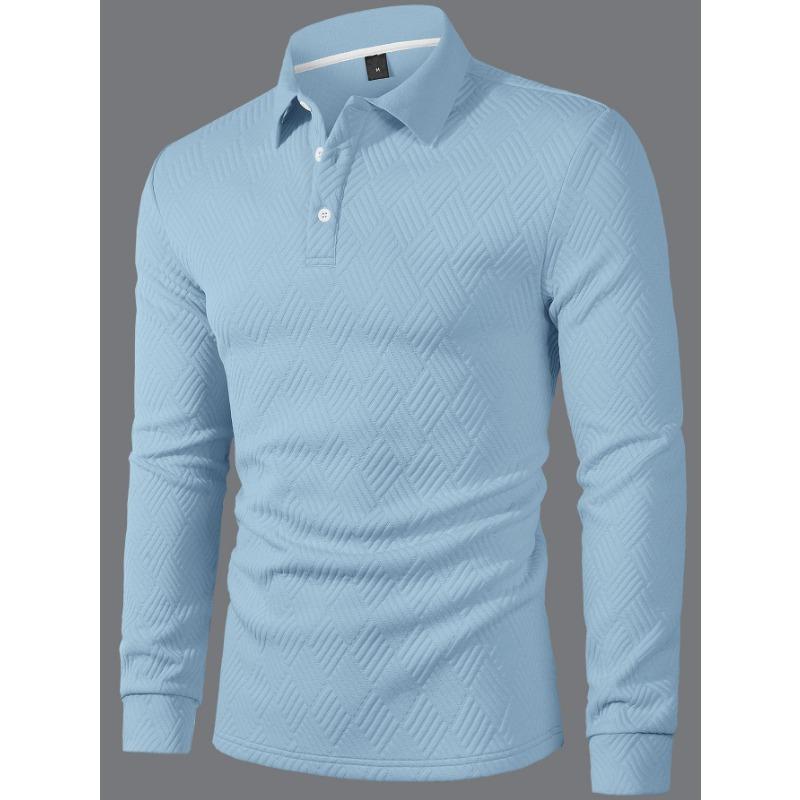

Men s Long Sleeve Polo Shirt with Geometric Textured Pattern - Button Collar Knit Top 2XL світло-синій колір