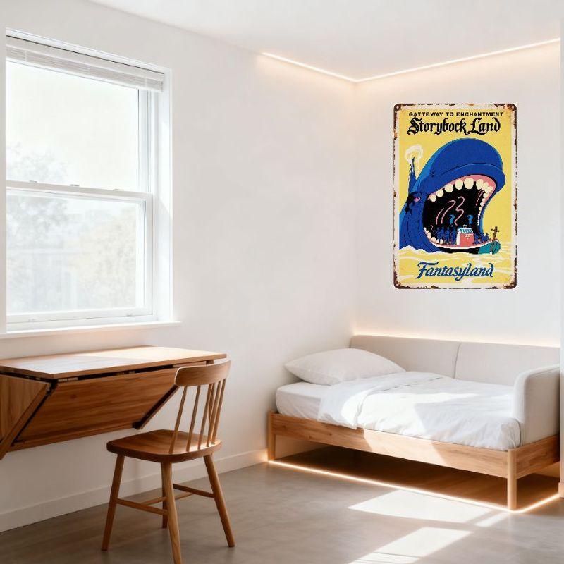 Vintage 'Gateway to Enchantment' Storybook Land Metal Tin Sign, Whimsical Blue Whale with Boat Design, Distressed Aged Style Fan