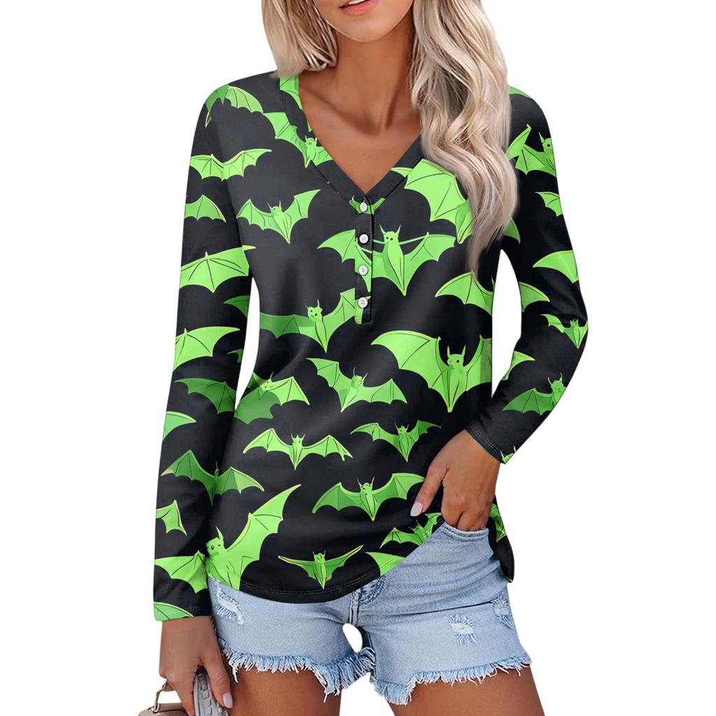 Women's Casual Fashion Sexy Comfort Halloween Printed V-Neck Button Long Sleeve