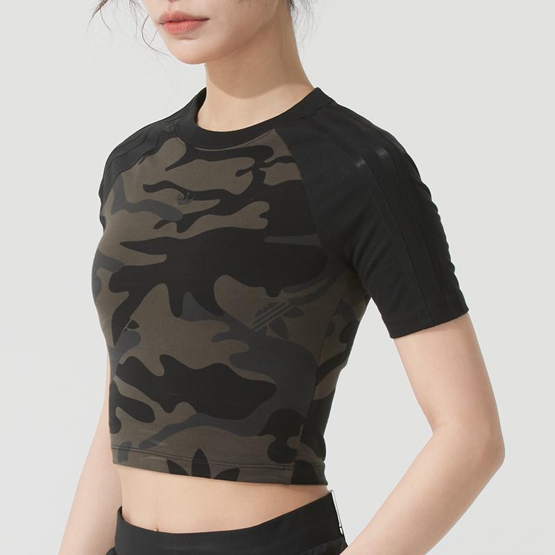 Adidas Originals Baby Tee Camo Outdoor Series Round Neck Color Block Camouflage Fitted Short Sleeve Top Women tops Black Green JI5740
