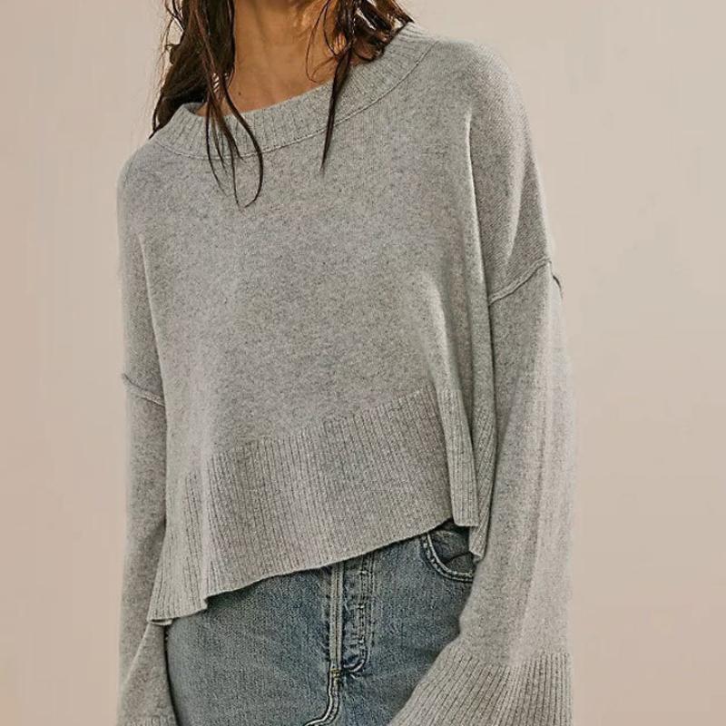 

Повседневные вязаные топы с длинным рукавом женские свободного кроя с круглым вырезом, ребристыми манжетами, однотонные пуловеры M