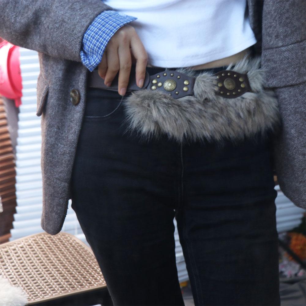 PU Leather Furry Waistband Faux Fur Y2K Waistband Personality Plush Belt  Female/Girls