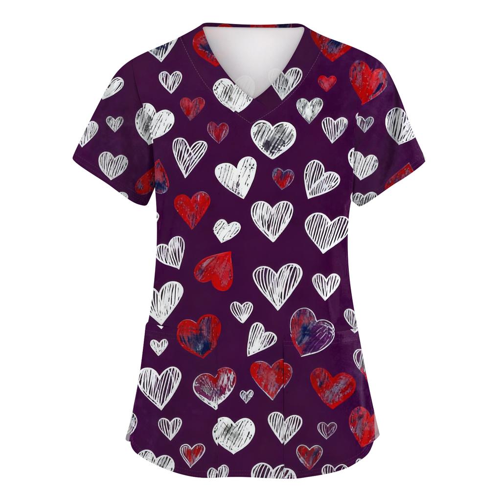 Women's Fashion Short-Sleeve Valentine's Day Print V-Neck Pocket Workwear Top