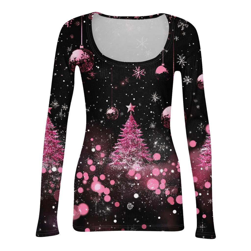 Γυναικείο μοντέρνο λεπτό σλιπ, casual, με μακριά μανίκια, χριστουγεννιάτικο τυπωμένο πουλόβερ με λαιμόκοψη U