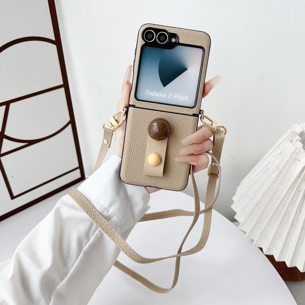 Leather Finger Ring Stand 3pcs Folding Case For Samsung Galaxy Z Flip6 Flip5 Flip4 Flip3 Crossybody Lanyard Shockproof Matte Slim Phone Cover