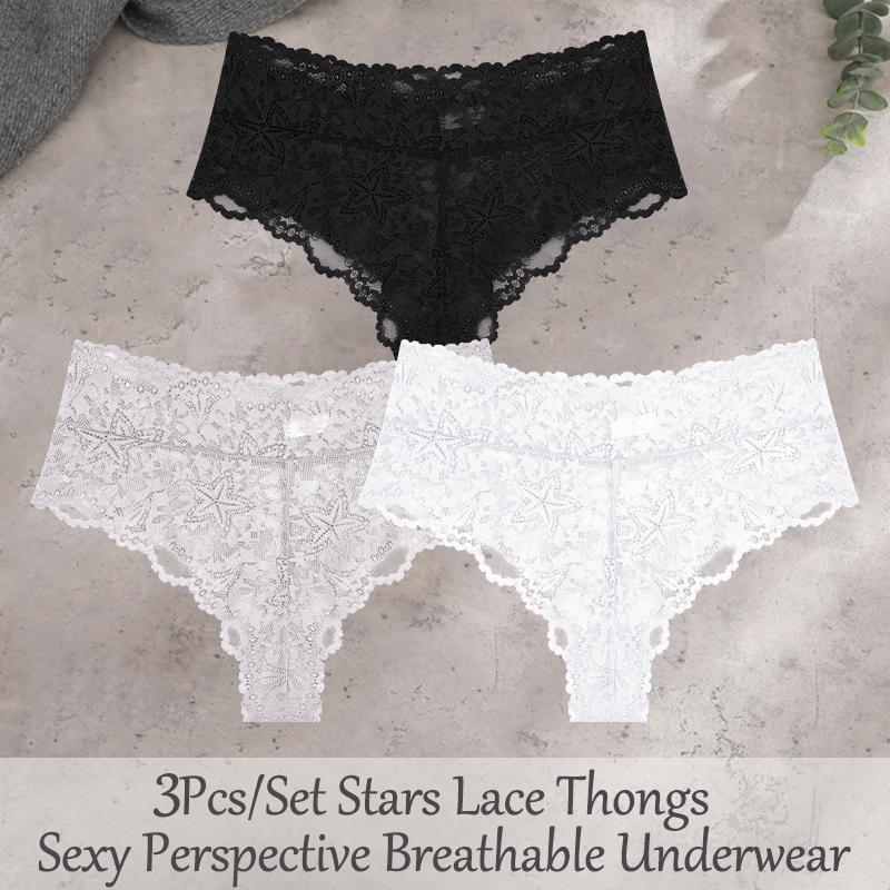 FINETOO 3Pcs Sexy Lace Star Perspective Thongs Panties Women High Waist Breathable Underwear Female Soft Intimates Lingerie 2026