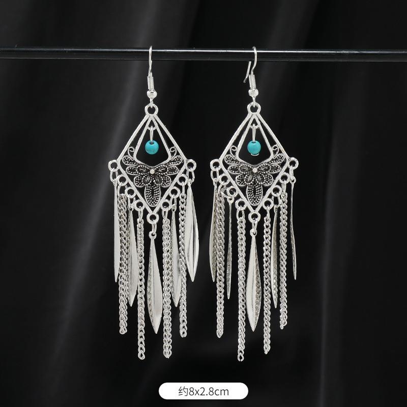Niche turquoise earrings Bohemian long fringed earrings women's retro design earrings