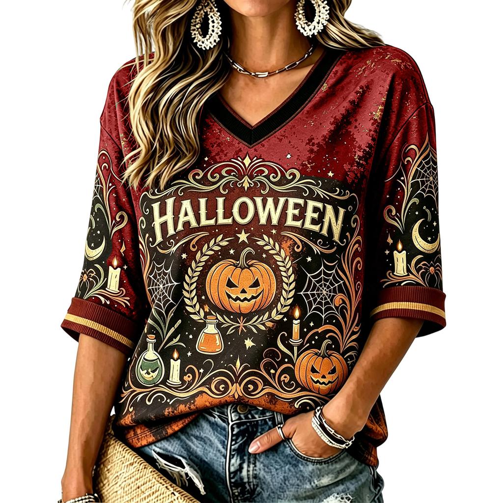 Women's Casual Halloween Print V-Neck T-Shirt