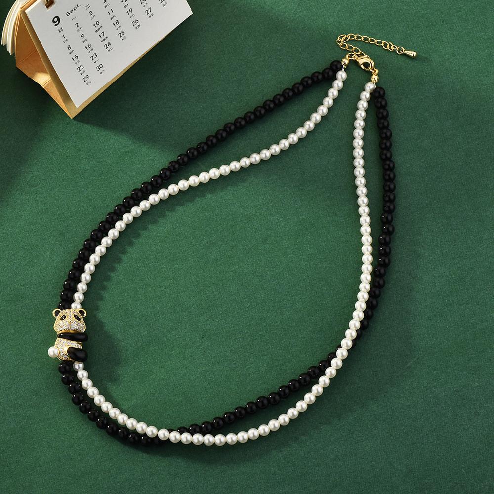 Black And Striking White Crystal Pearl Choker Necklace Featuring Vintage Panda Design For Enthusiasts Fashion