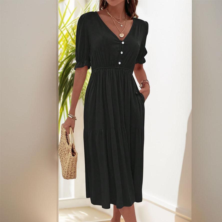 YYFS Women's Fashion Summer Spring Solid Color Print Short Sleeve V-Neck High Waist Casual Dresses