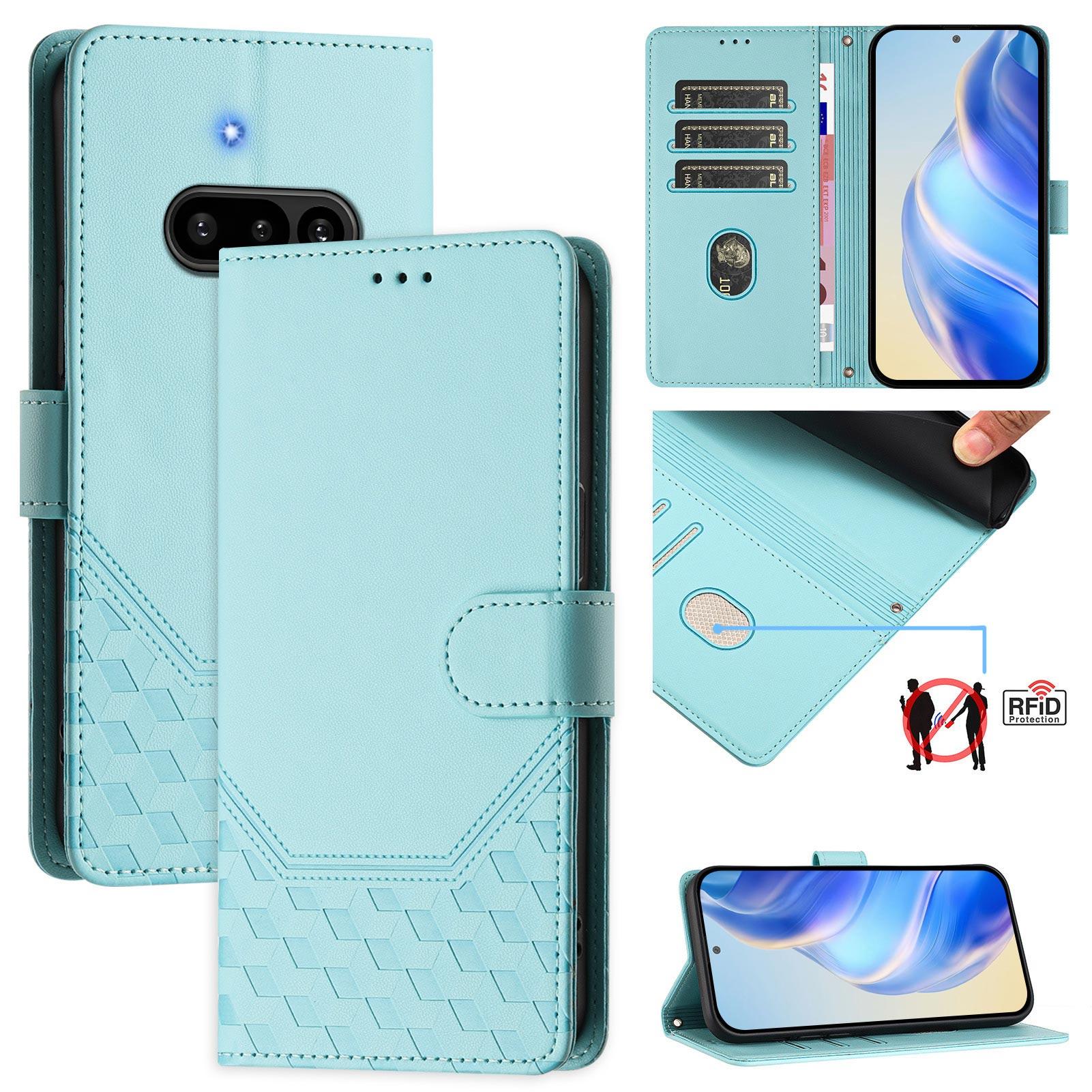 

For Nothing Phone (3a) Case Imprinted Honeycomb RFID Blocking Leather Phone Cover with Strap Mint Green