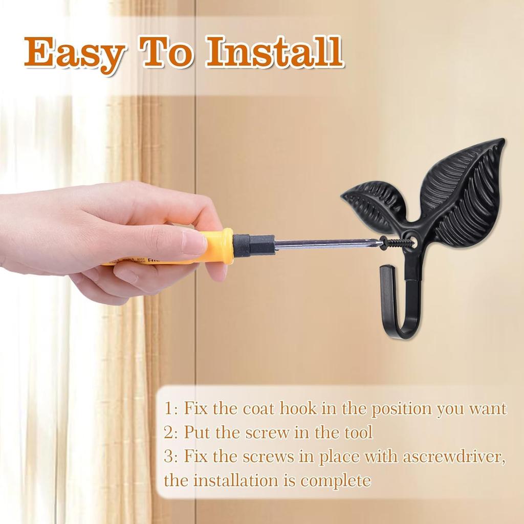 Set of 4 Vintage Leaf Wall Hooks Black Metal Coat Hooks Heavy Duty Decorative Iron Hook Wall Mounted Hangers for Hanging Towels Coats Hats Scarf Bags