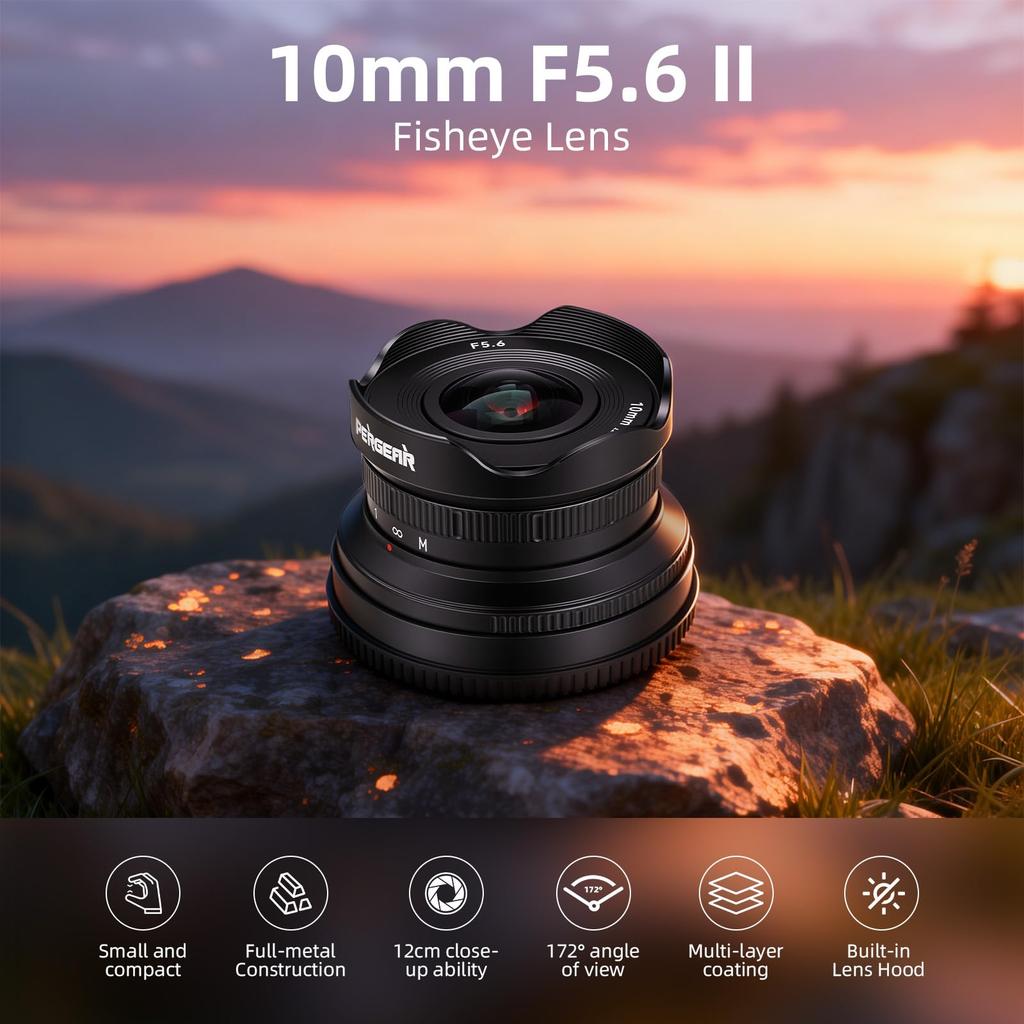 Pergear 10mm II Pancake Fisheye Fixed Focal Length Manual Compatible with Sony Cameras Nikon F5.6 Lens, Wide-Angle Lens, Focus, Multi-Coated, E-Mount