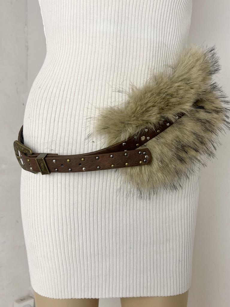 Sparkly Rhinestone Faux Fur Patchwork Waist Belt with Pin Buckle - Y2K Leather Eyelet Design