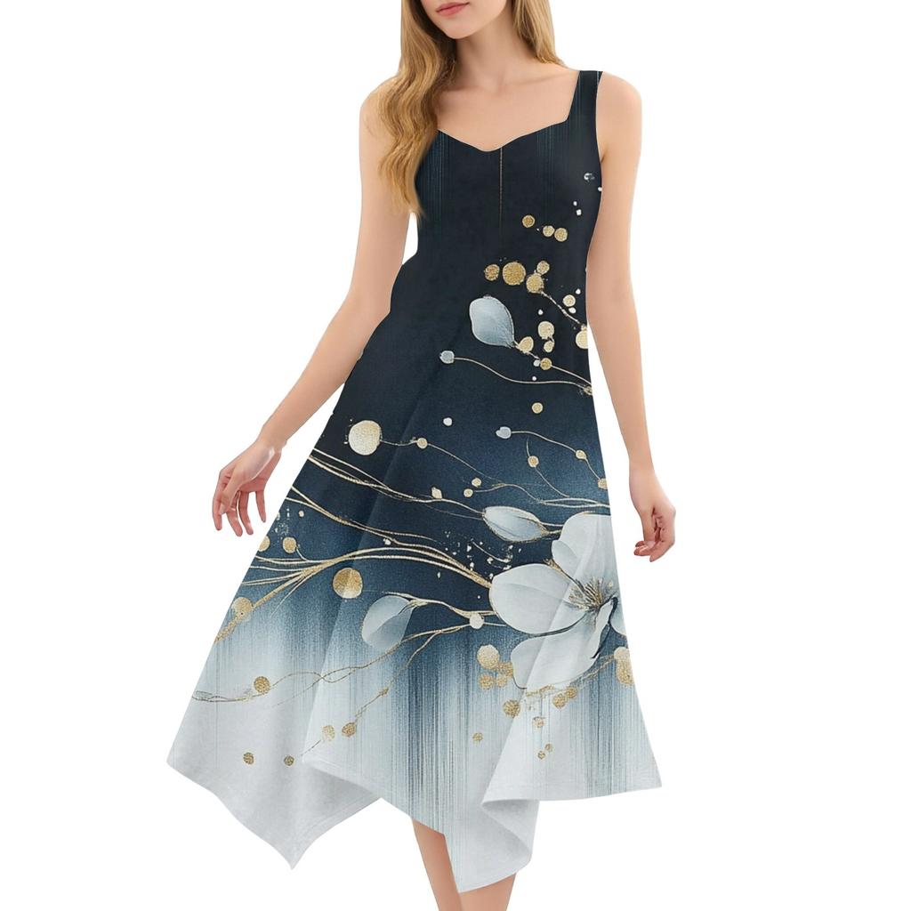 Women's Casual Fashion Round Neck Sleeveless Print Irregular Hem Midi Dress
