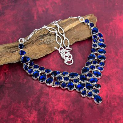 Blue Sapphire Necklace, Handmade Gemstone Necklace, 925 Solid Sterling Silver Necklace Antique Jewelry, For Engagement Gift