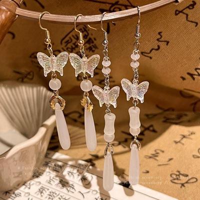 Vintage-Style Butterfly Earrings with Tassel and Imitation Chalcedony for Women