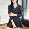 Women's Mid-Length Cable Knit Wool Sweater - Soft, Loose, V-Neck, Perfect for Autumn and Winter, Wear as Outer or Base Layer.