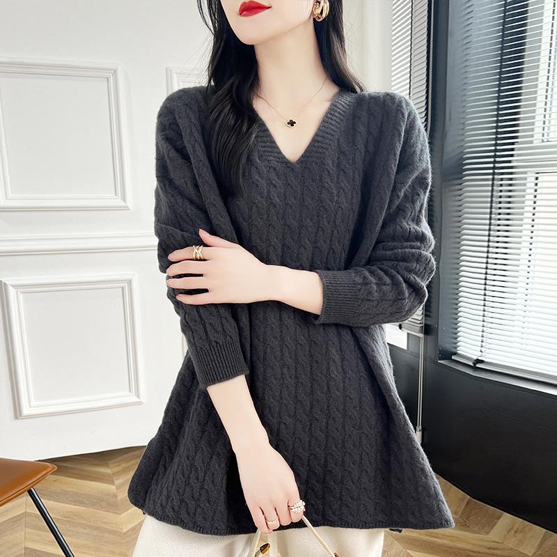 Women's Mid-Length Cable Knit Wool Sweater - Soft, Loose, V-Neck, Perfect for Autumn and Winter, Wear as Outer or Base Layer.