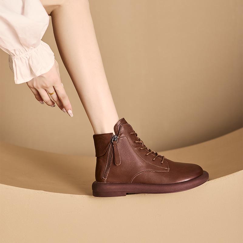 2025 Autumn Vintage Leather Women's Martin Boots with Dual Zippers - Korean Style, Flat Bottom Casual Shoes