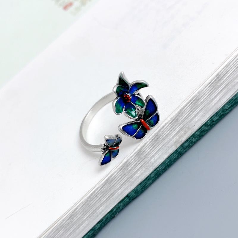 925 Sterling Silver Multi-Butterfly Open Finger Ring with Blue Accents - Exaggerated Ancient Style Flower Design