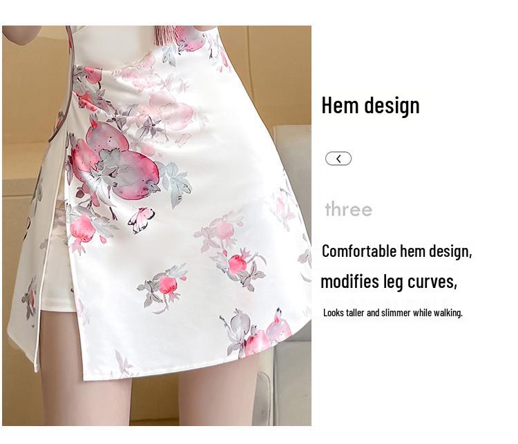 Elastic Floral Cheongsam Dress Set for Young Women