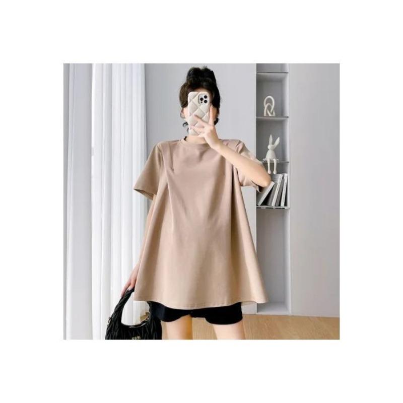 

Maternity short-sleeved shirt summer temperament casual large size loose medium and long belly-covering maternity top M темно-коричневого