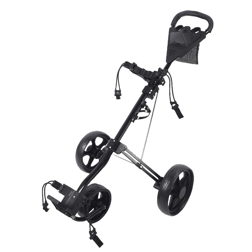 3 Wheel Folding Push Cart Portable Scorecard Holder Sports Bag Push Cart with Foot Brake Adjustable Buckle for Ball Tee