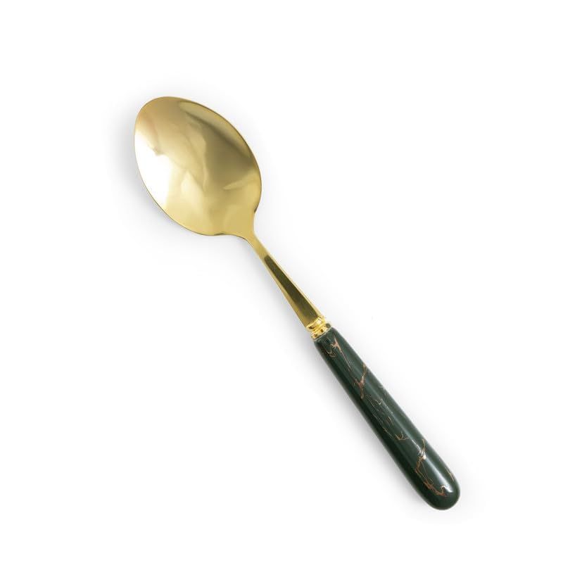 Golden Small Spoons Set with Green Ceramic Glossy Handle for Restaurant Cutlery Dinner Table Oval Shape Serving Spoon