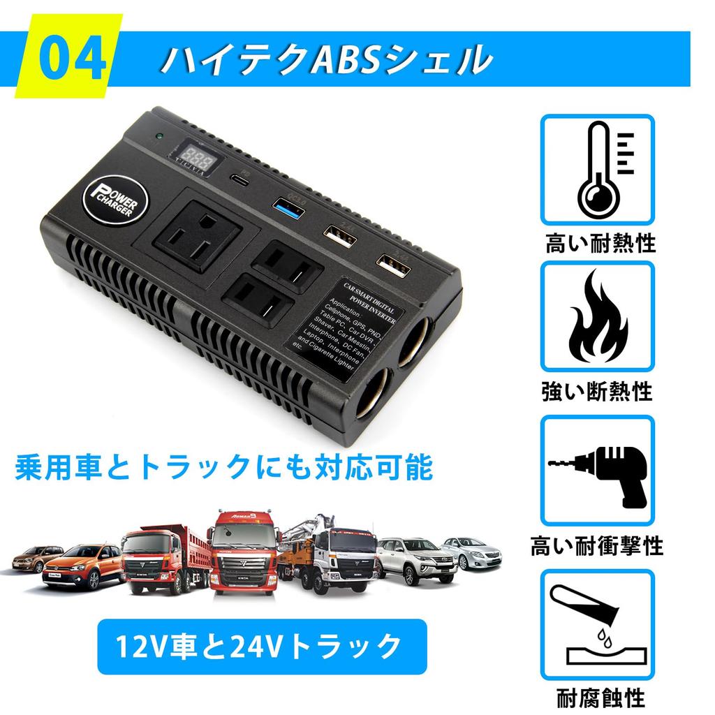 (New Model) Car Inverter, Car Charger, Converts 120 W, DC 12 V, 24 V
