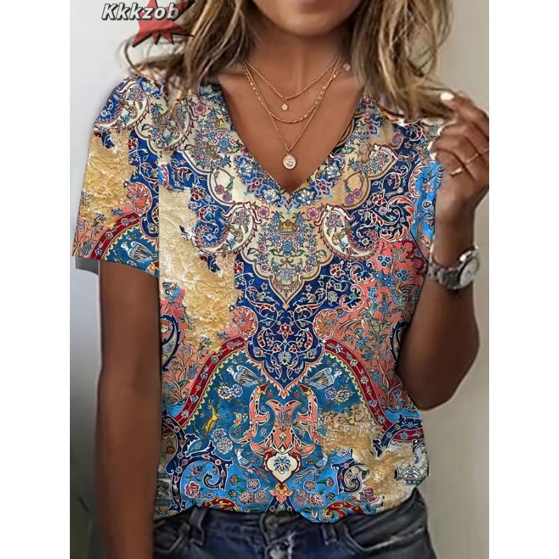 Damen T-Shirts V-Ausschnitt 3D Kunstdruck Tops Locker Kurzarm T-Shirts Sommer Streetwear Mode Lässig Übergroße Damenbekleidung