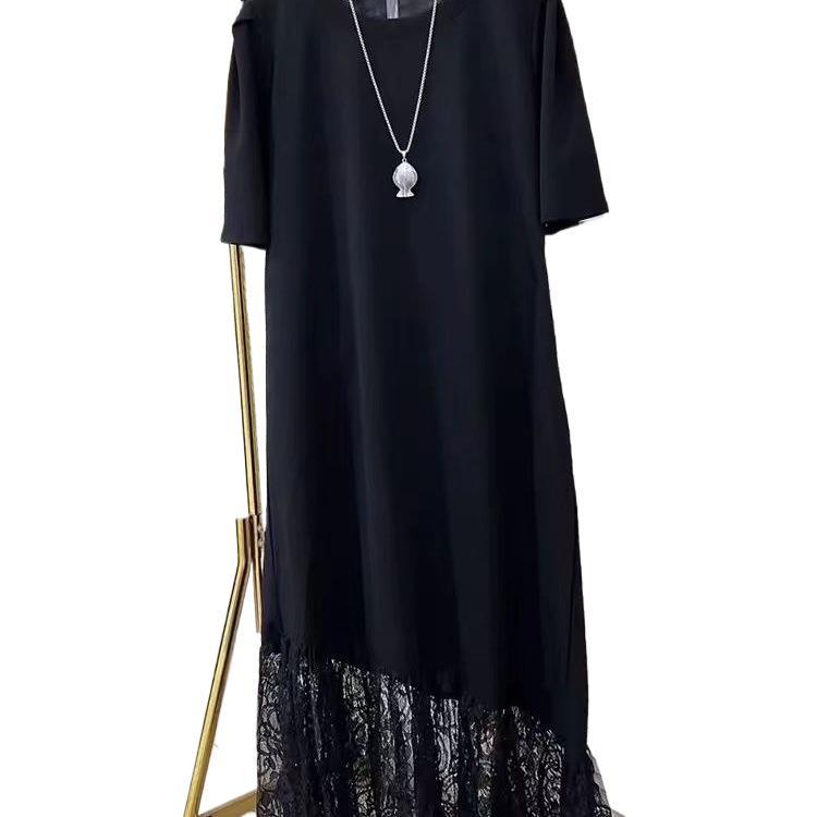 Plus Size Women's Short Sleeve Lace Hem Midi Dress - Age-Reducing, Slimming, Casual Style for 300 Jin MM