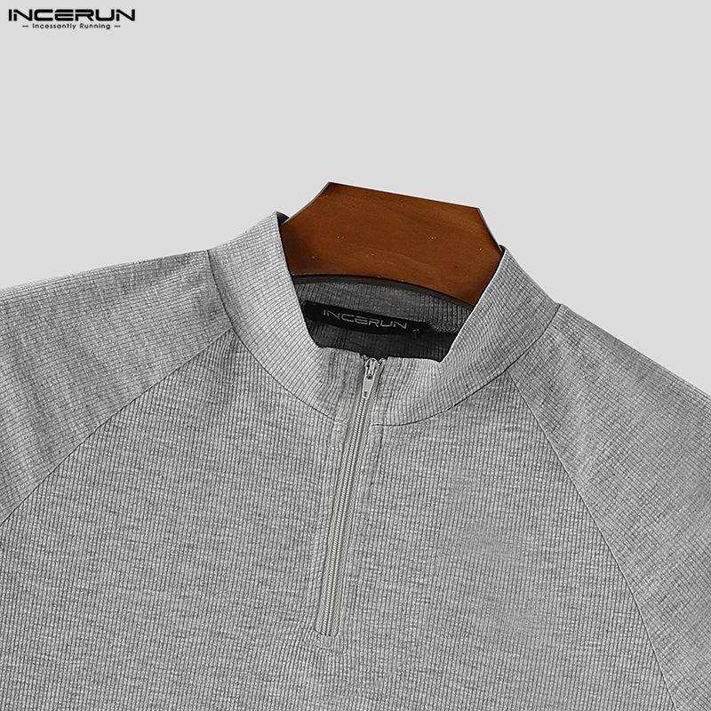 INCERUN Men Zip-up Turtleneck Short Sleeve Rib Fitted T-Shirts Tops