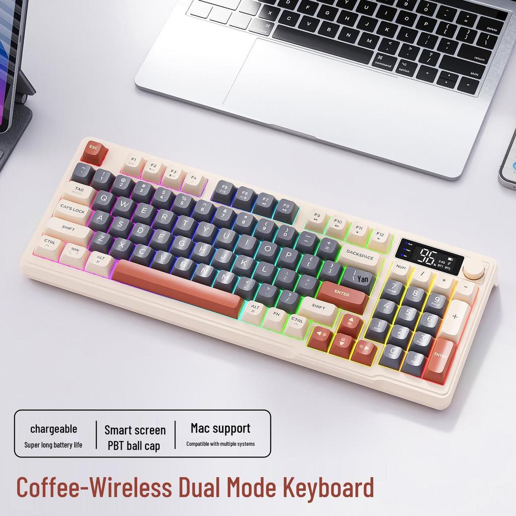 Free Wolf M96 Mechanical Feel Wireless Bluetooth Keyboard with Spherical PBT Keycaps, Display Screen & Knob.