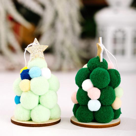 Plush Christmas Tree Ornament, Cute Pom Pom Balls Tree-Shaped Hanging Pendant with Star Tree Topper for Tree Wreath Home Party Decoration