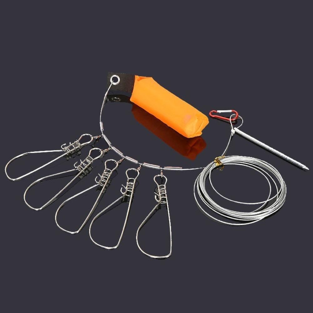 Portable Stainless Steel Fish Stringer with 5 Buckle Snaps 5m Length Fishing Lock Cable Orange Fishing Stringer Sea Fishing