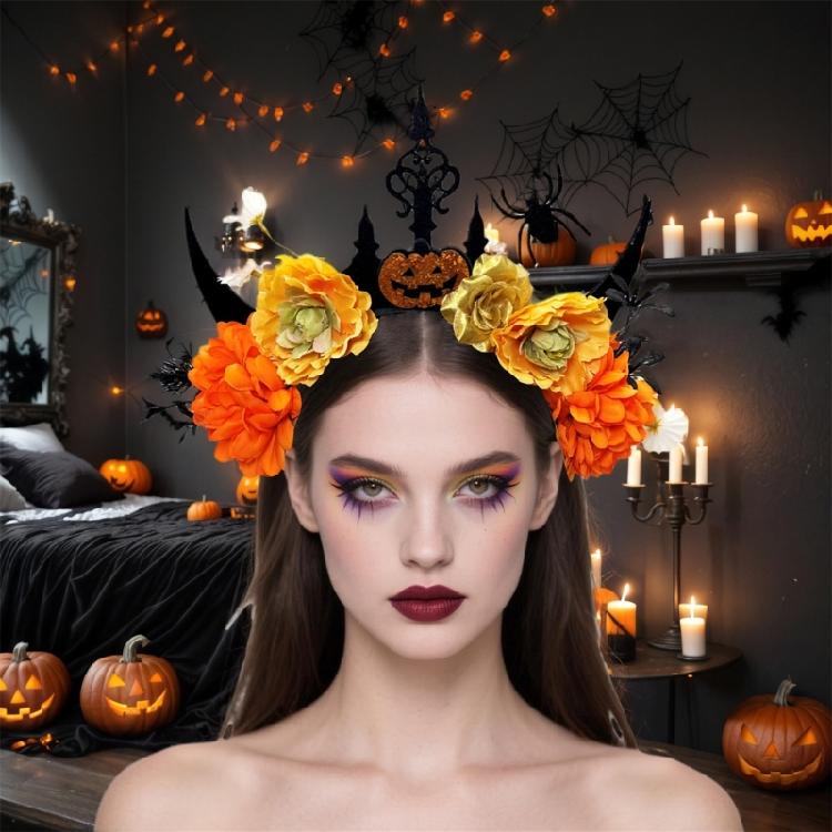 Dark Series Flower Hairband with Skull Decors For Women Girl Halloween Costume Party Role Playing Accessory Headpiece