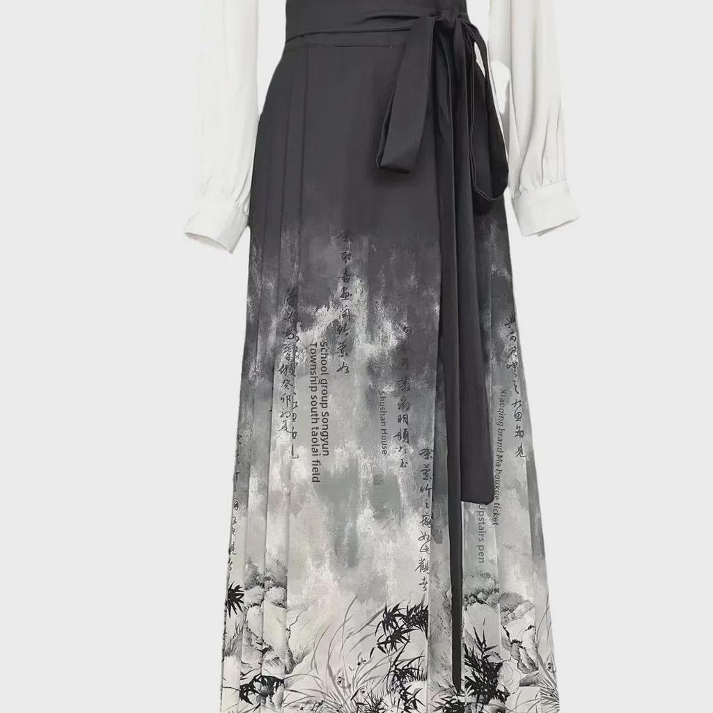 2024 Women's Chinese Style Ink-Dyed Bamboo Leaf Print Chiffon Satin Pleated Skirt