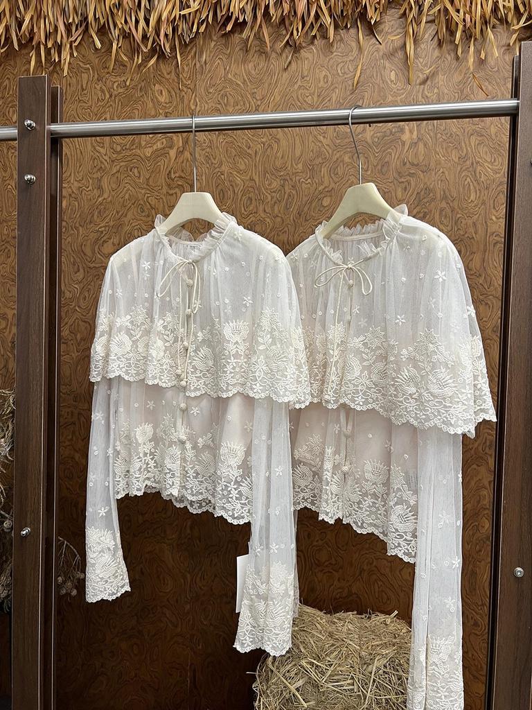 SE Designer 26 Spring Lace Shirt: Double-Layered, Sheer Mesh, Floral Embroidered Cape Cardigan