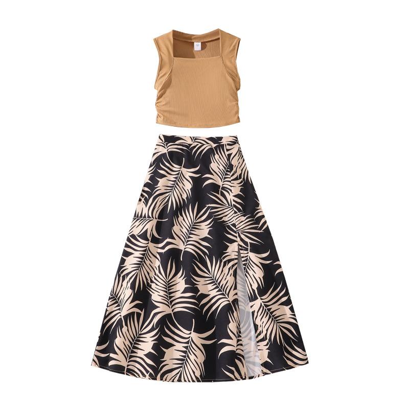 Girls' Casual Set, Autumn Children's Vest Top, Fashionable Printed Skirt