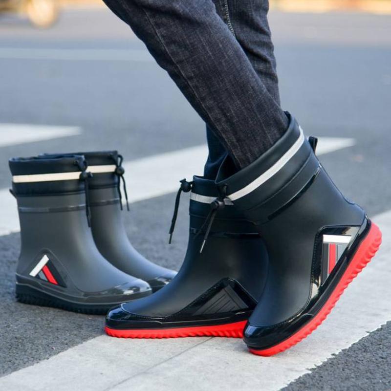New Fashion Rain Boots for Men Mid-calf Non-slip Waterproof Rain Boots Car Washing Fishing Leisure Work Rubber Shoes with Cotton