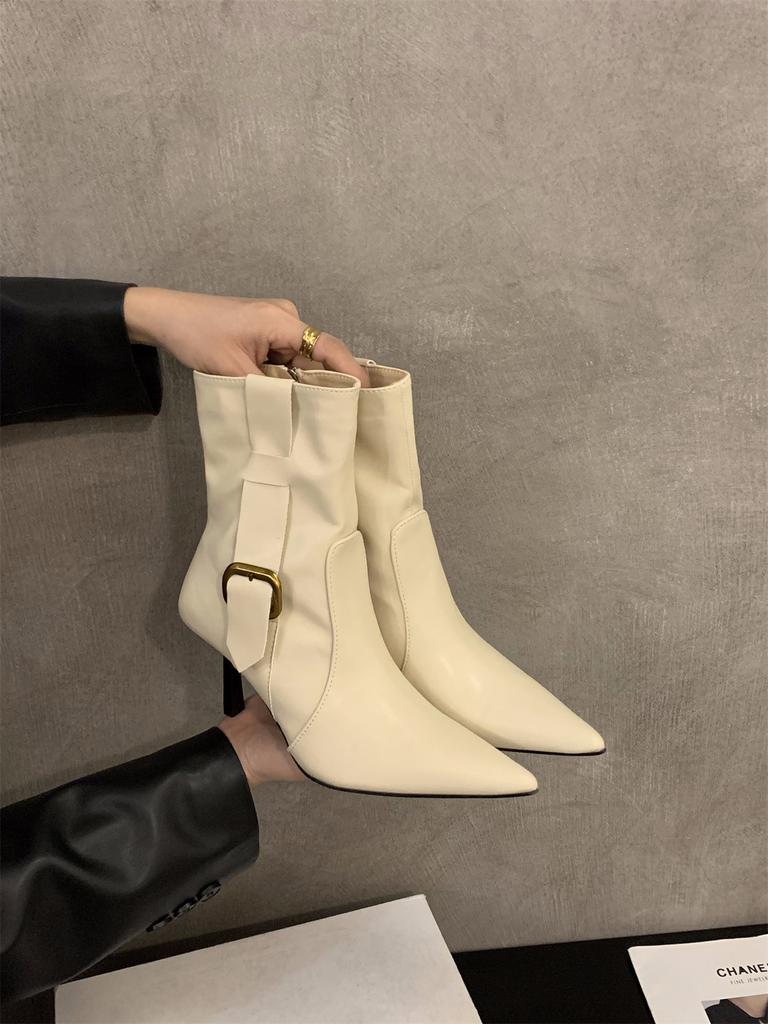 High heel pointed white thin boots short boots women's shoes 2025 new autumn and winter temperament brown French small ankle boots