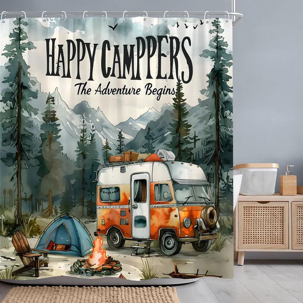 Camping Caravan Forest Shower Curtain Pleasant Camper Tent Campfire Polyester Printed Shower Curtains Bathroom Decor with Hooks