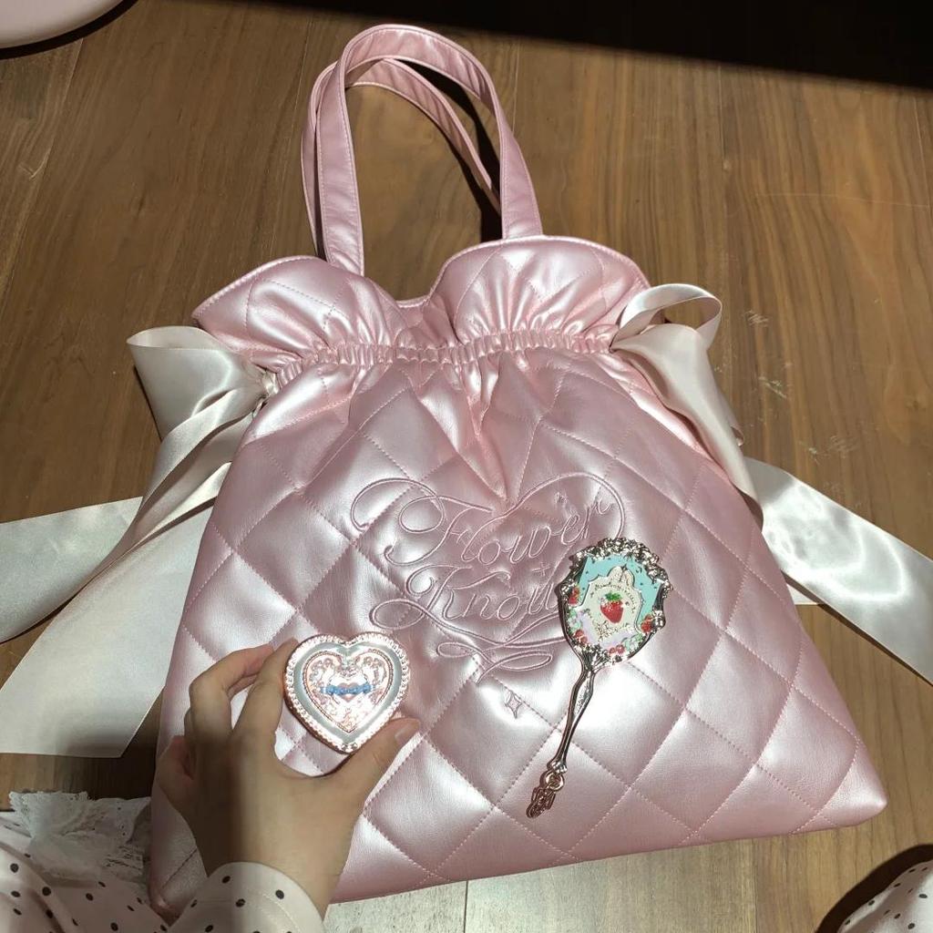 Flower Knows Bonnie Garden Limited Pink Satin Quilted Shoulder Bag