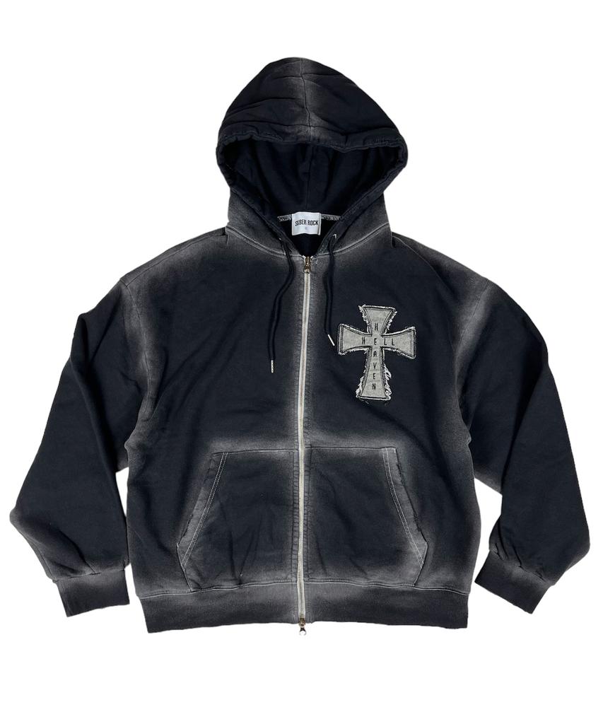 Sk8Er Rock Hölle Himmel Kreuz Vintage Sweat Kapuze Reißverschluss ((Schwarz))