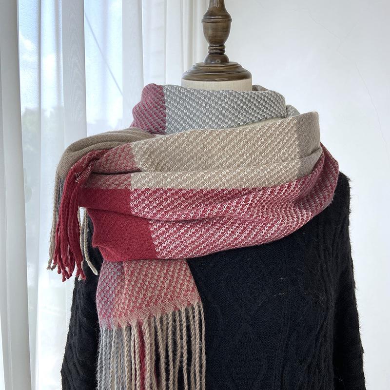 Women's Cashmere Scarf Green Plaid Vintage Winter Korean Thick Warm Long Tassel Shawl Neck Christmas Gift Fashion Accessories
