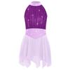 Girls Lyrical Dance Costume Sparkle Rhinestones Keyhole Back Irregular Chiffon Hem Skating Dress