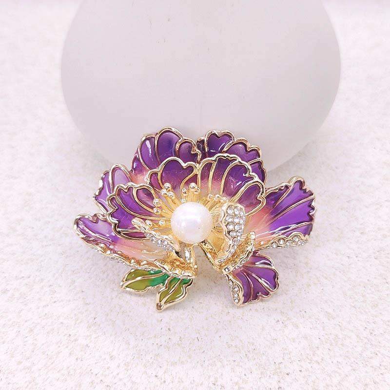 Elegant Chinese Style Enamel Peony Brooch For Women Girls Delicate Pink Blue Purple Flower Pearl Brooch Pins Party Jewelry Gifts