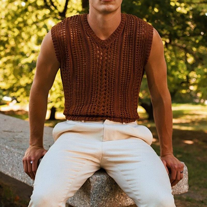 Mens Brown Crochet Knit V Neck Sleeveless Tank Top S коричневый