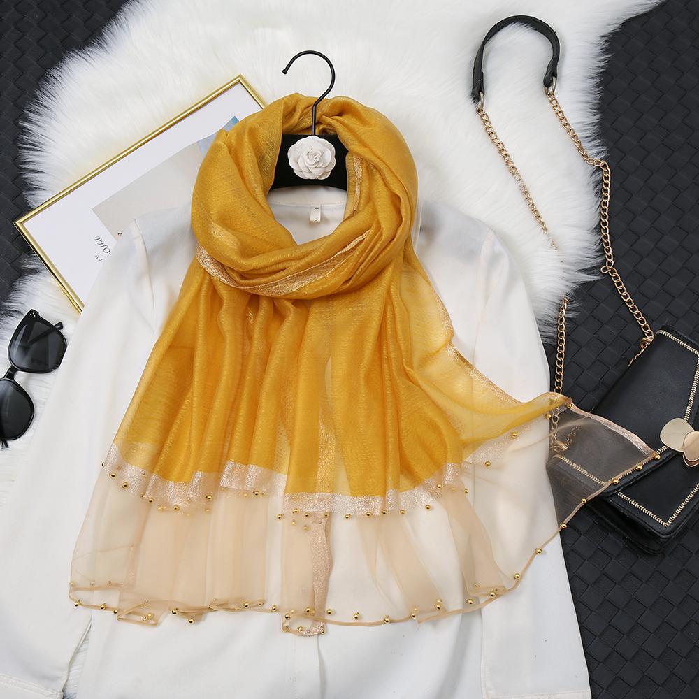 Fashion Luxury Silk Scarf For Women Shawls With Beads Long Scarf For Women Female Foluard Stoles Bandana Head Wraps Headscarf
